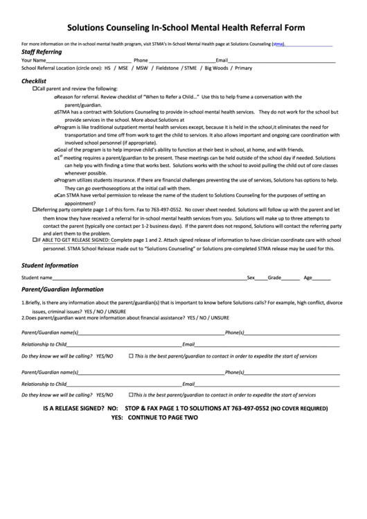 Solutions Counseling In-School Mental Health Referral Form Printable pdf