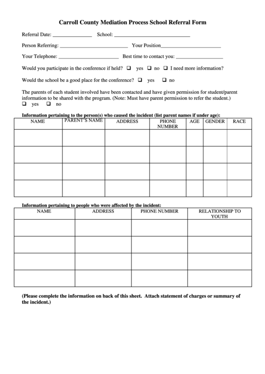 Carroll County Mediation Process School Referral Form Printable pdf