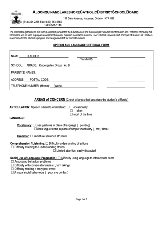 Algonquin And Lakeshore Catholic District School Speech And Language Referral Form Printable pdf