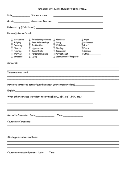 School Counseling Referral Form Printable Pdf Download