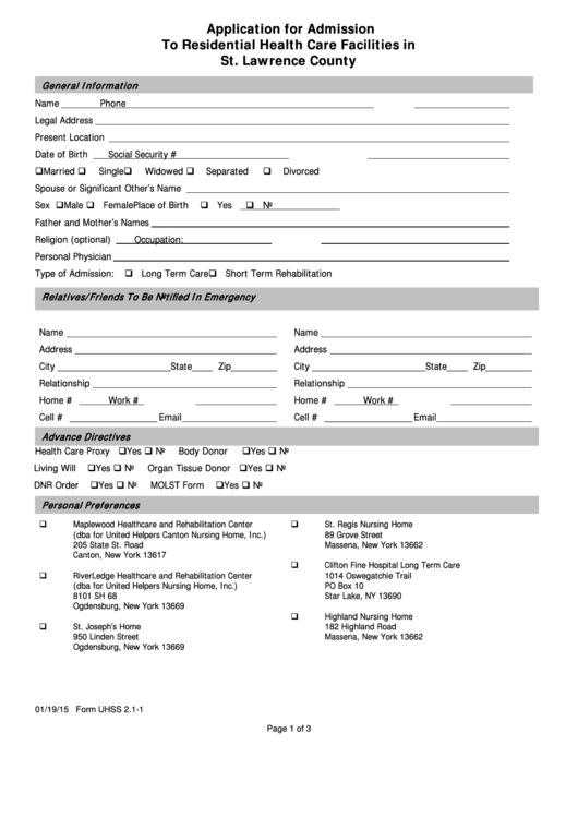 Form Uhss 2.1-1 - Application For Admission Printable pdf