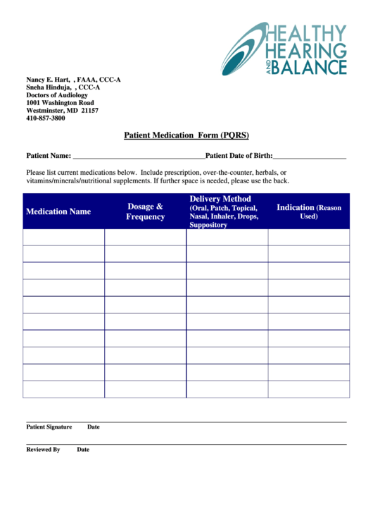 Patient Medication Form - Healthy Hearing And Balance Printable pdf