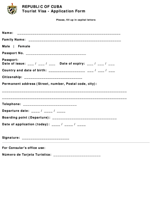 Fillable Republic Of Cuba Tourist Visa - Application Form Printable pdf