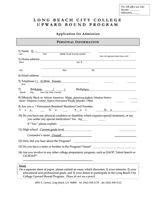 Student Application - Long Beach City College Printable pdf