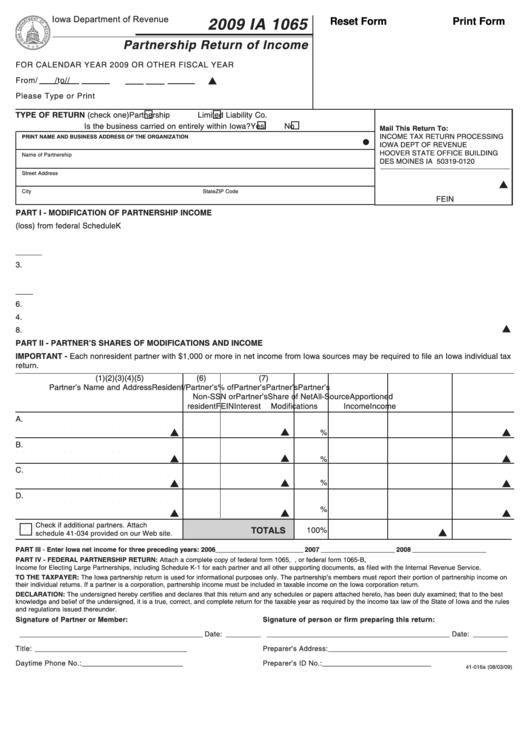 Fillable Form Ia 1065 - Partnership Return Of Income/schedule K-1 - Nonresident Partners Only - 2009 Printable pdf