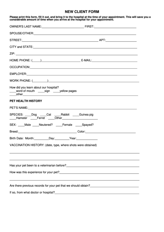 New Client Form Harris Pet Hospital Printable pdf