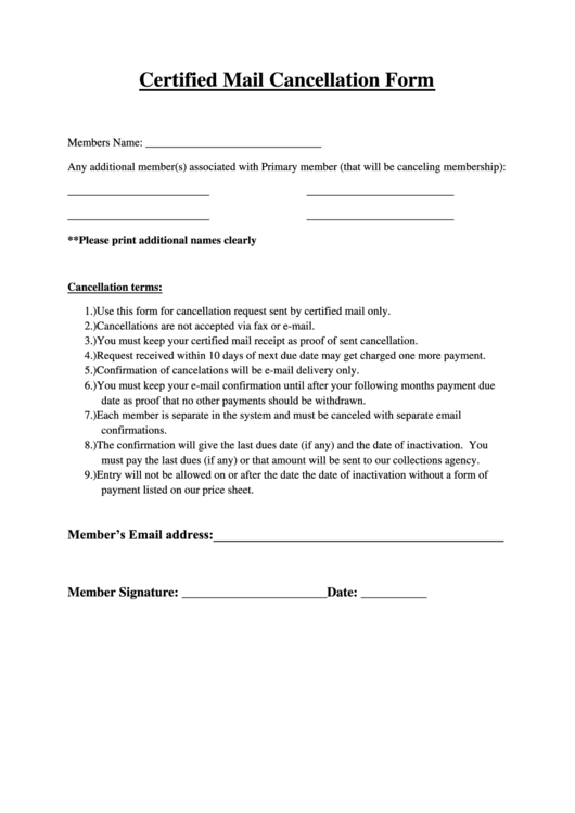 Certified Mail Cancellation Form