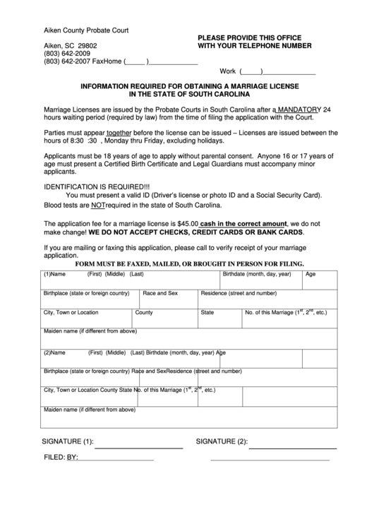 Fillable Marriage Application Form Aiken County Government Printable pdf