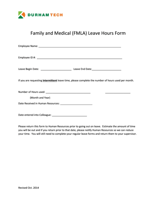 Fillable Durham Tech Family And Medical (Fmla) Leave Hours Form Printable pdf