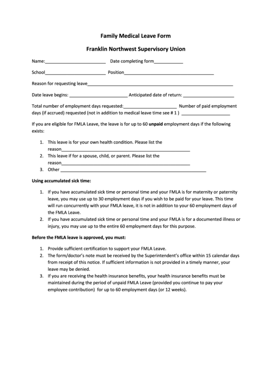 Family Medical Leave Form - Franklin Northwest Supervisory Union Printable pdf
