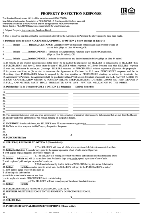 Property Inspection Response (Standard Form) Printable pdf
