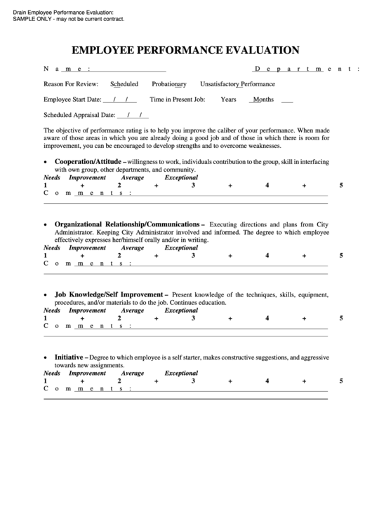 Drain Employee Performance Evaluation Form Printable pdf