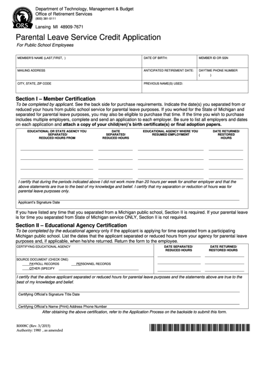 Parental Leave Service Credit Application - R0008c - State Of Michigan Printable pdf