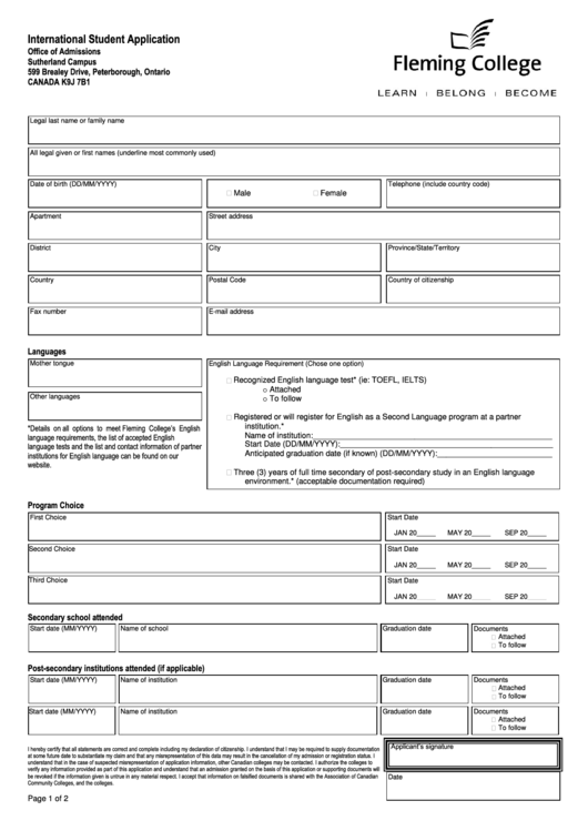 Fleming College Application Form Printable pdf