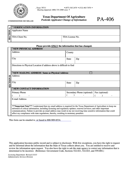 Pa-406 - Texas Department Of Agriculture - Pesticide Applicator Change Of Information Printable pdf