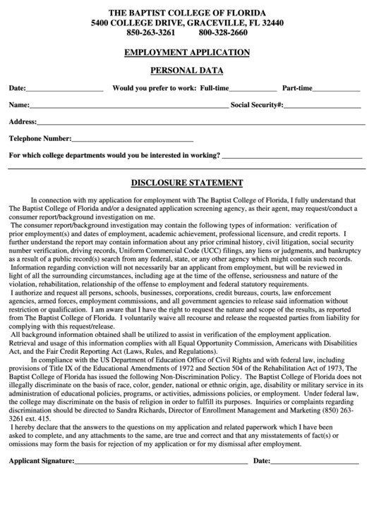 Employment Application The Baptist College Of Florida Printable pdf