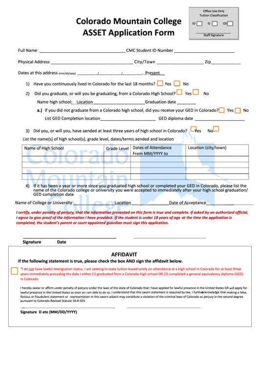 Cmc Asset Application Form - Colorado Mountain College Printable pdf