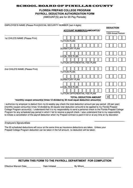 Fillable School Board Of Pinellas County Florida Payroll Deduction Form Printable pdf