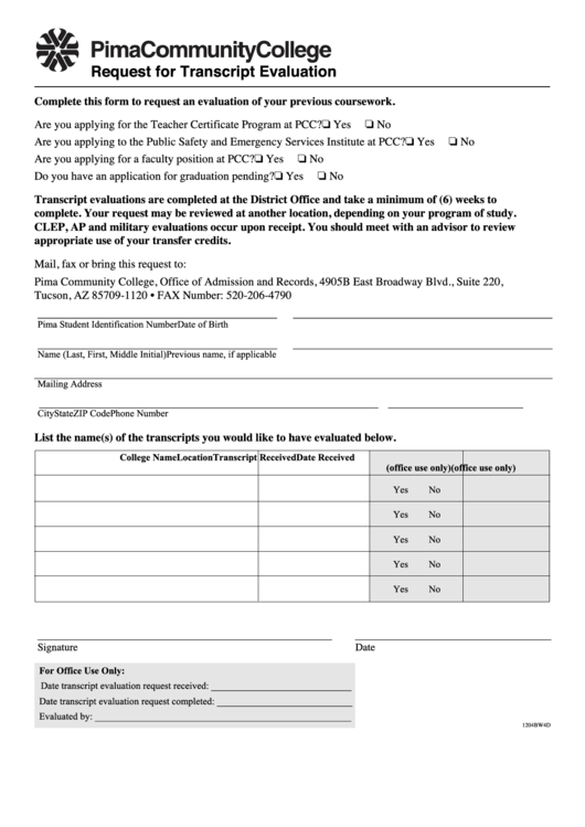 Request For Transcript Evaluation - Pima Community College Printable pdf