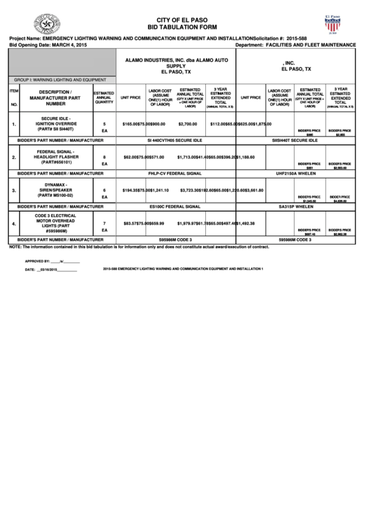 City Of El Paso Bid Tabulation Form Printable pdf