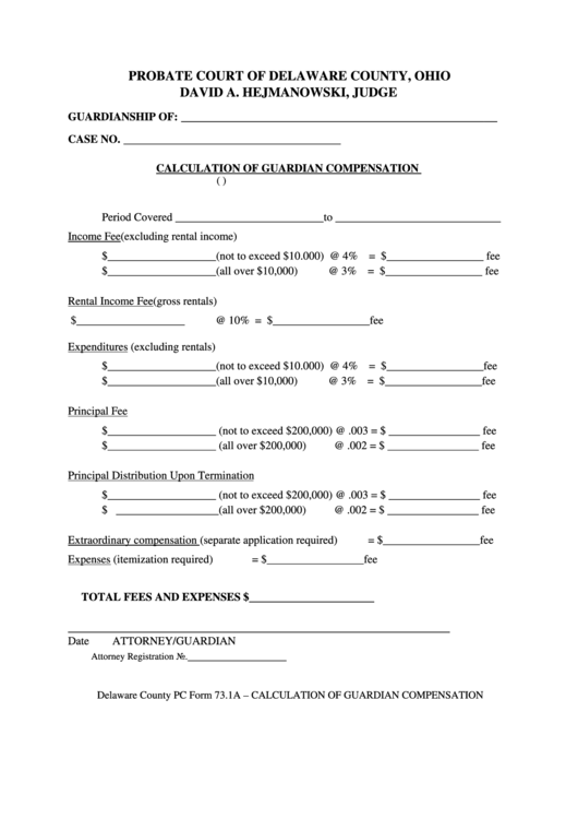 Fillable Calculation Of Guardians Compensation - Delaware County Printable pdf