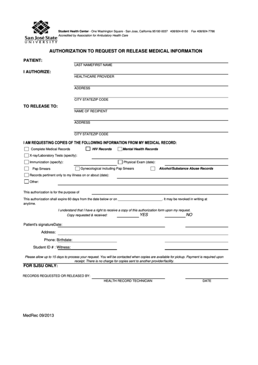 Authorization To Request Or Release Medical Information Printable pdf