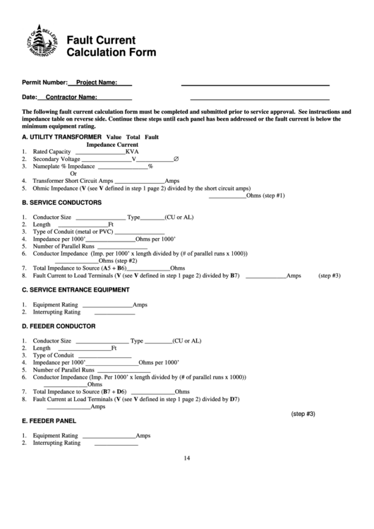 Fillable Fault Current Calculation Form - City Of Bellevue Printable pdf