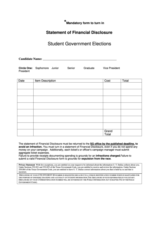 Financial Disclosure Form - The University Of Texas At Dallas Printable pdf