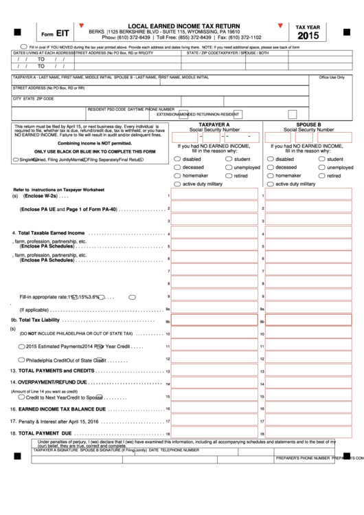 Fillable Local Earned Income Tax Return Pa Eit 2015 Printable pdf