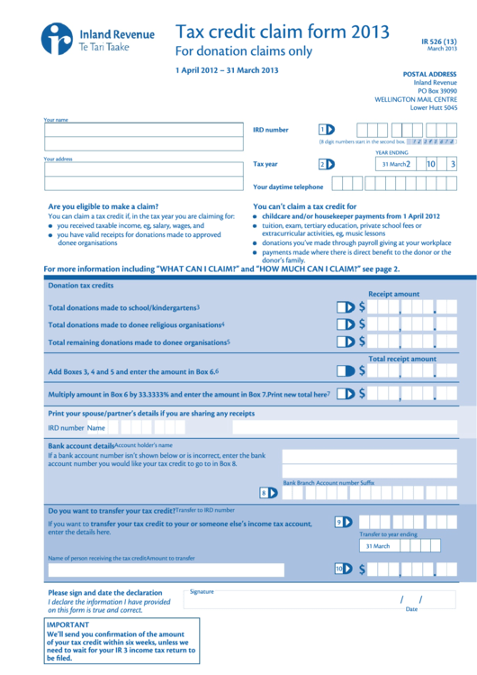 Form Ir526 - Tax Credit Claim Form - 2013