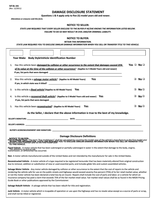 Form Mvr-181 - Damage Disclosure Statement Printable pdf