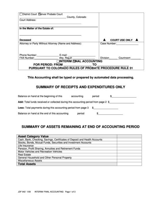 Fillable Summary Of Receipts And Expenditures Template - Colorado Court Printable pdf