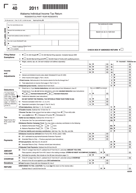 Fillable Form 40 - Alabama Individual Income Tax Return - 2011 Printable pdf
