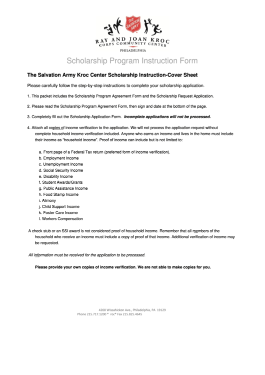 Scholarship Program Instruction Form - Kroc Center Of Philadelphia Printable pdf