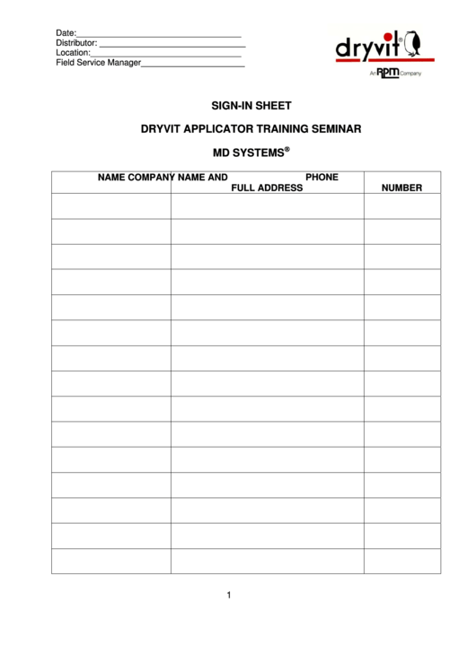Dryvit Applicator Training Seminar Sign-In Sheet Printable pdf