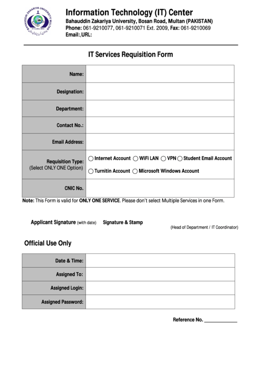It Services Requisition Form - Bahauddin Zakariya University Printable pdf