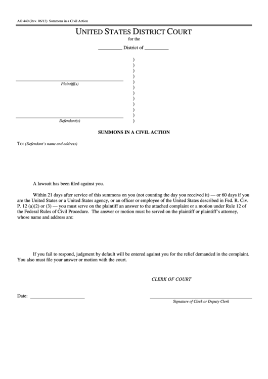 Fillable Form Ao 440 - Summons In A Civil Action - 2012 Printable pdf