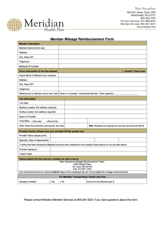 Fillable Member Mileage Reimbursement Form Printable pdf