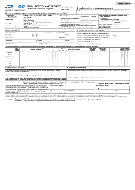 Fillable Enrollment Change Request Form - Horizon Blue Cross Printable pdf