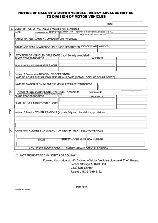 Fillable Form Lt-261 - Notice Of Sale Of A Motor Vehicle - 20-Day Advance Notice To Division Of Motor Vehicles Printable pdf