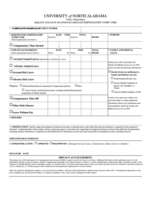 Fillable Request For Leave Or Approved Absence/compensatory (Comp) Time Form - University Of North Alabama Printable pdf
