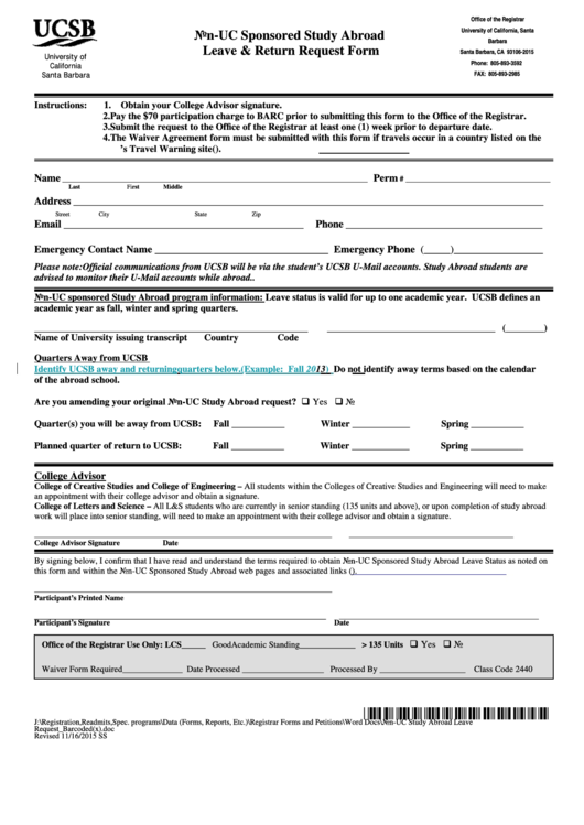 Non Uc Sponsored Study Abroad Leave - Return Request Form printable pdf ...