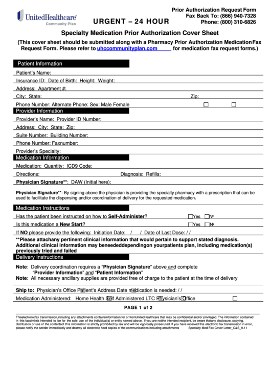 United Healthcare - Urgent - 24 Hour - Specialty Medication Prior Authorization Cover Sheet