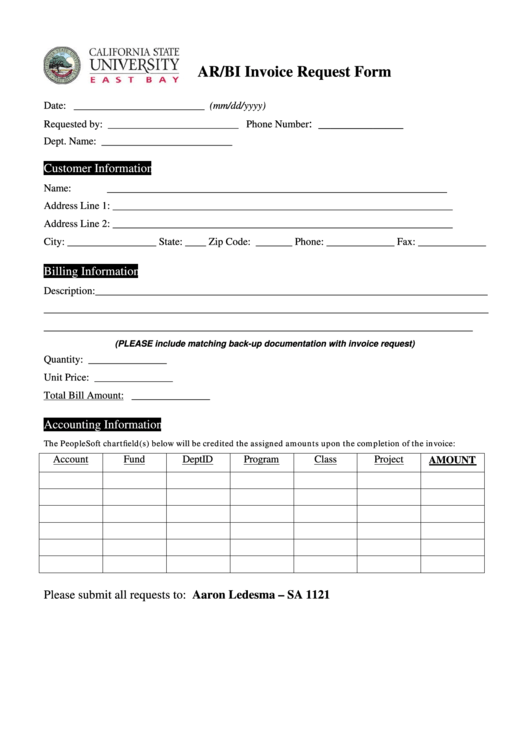 Fillable Ar/bi Invoice Request Form Printable pdf