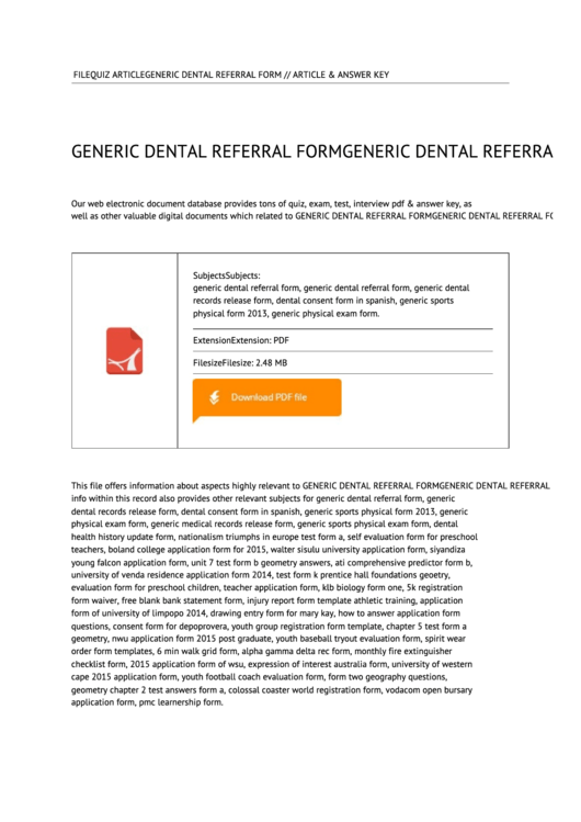 Generic Dental Referral Form Printable pdf