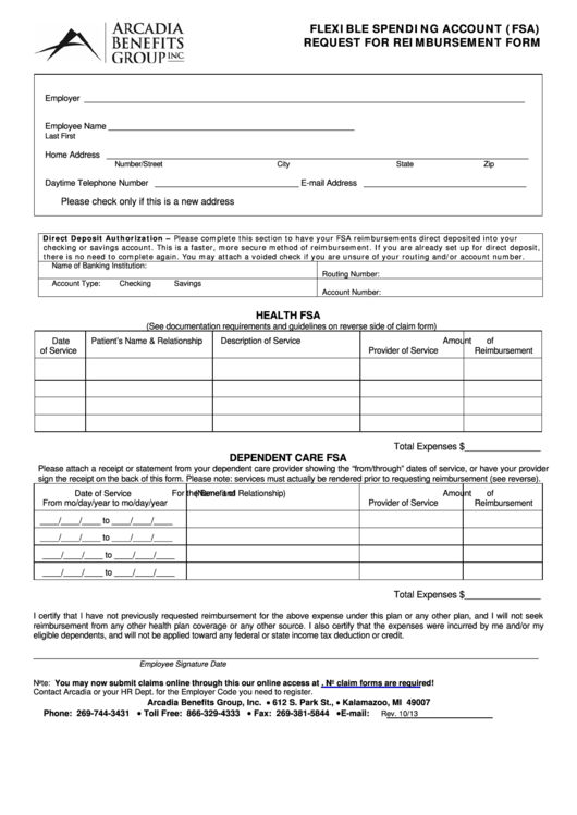 Fillable Flexible Spending Account (Fsa) Request For Reimbursement Form Printable pdf