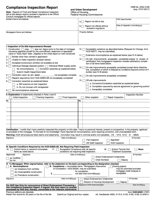 Fillable Compliance Inspection Report - Hud Printable pdf