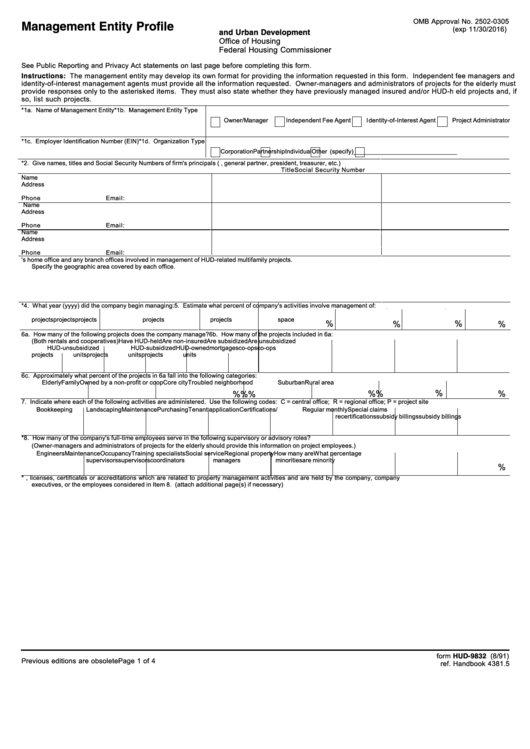 Fillable Management Entity Profile - Hud Printable pdf