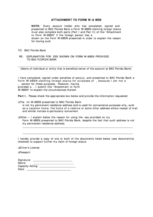 Attachment To Form W-8 Ben - Bac Florida Bank Printable pdf