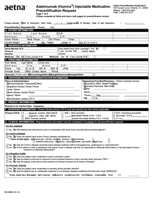 Fillable Form Gr 68850 Humira Precertification Request Form Printable 